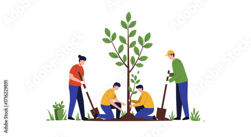 Community tree planting with diverse team in flat style