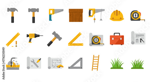 Flat tool icons set: hammers, saws, safety gear, and engineering supplies