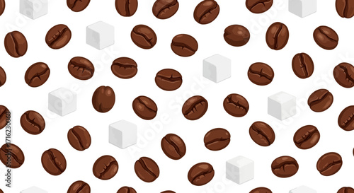Rich coffee beans and sweet sugar cubes create a delightful pattern for breakfast or cafe designs
