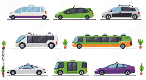 Modern urban vehicles set featuring vans, buses, and taxis in flat style