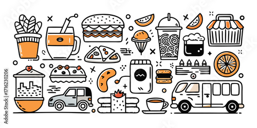 Whimsical doodle collection of food drinks vehicles and treats for fun designs