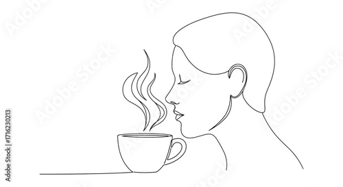 Elegant woman savoring aromatic steam from a warm beverage, a moment of pure bliss and tranquility
