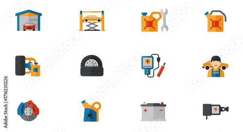 Flat style car maintenance icons: tools, equipment, and mechanic services