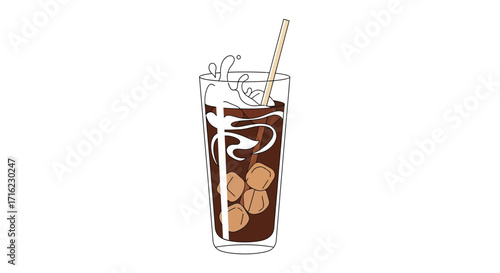Refreshing iced coffee with creamy splash and straw, perfect for summer.