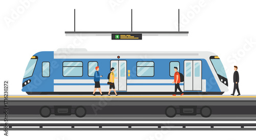 Modern flat design subway scene with commuters and blue train at platform