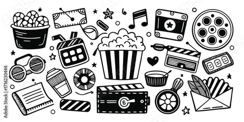 Fun hand drawn cinema movie night icons collection includes popcorn tickets and film reels
