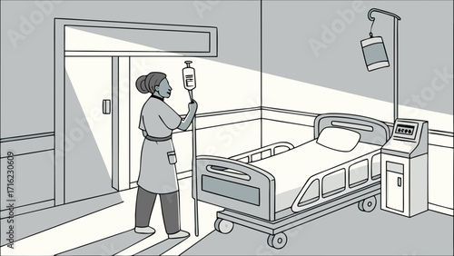 Nurse Preparing IV Drip in Hospital Room with Empty Bed, Medical Care Illustration