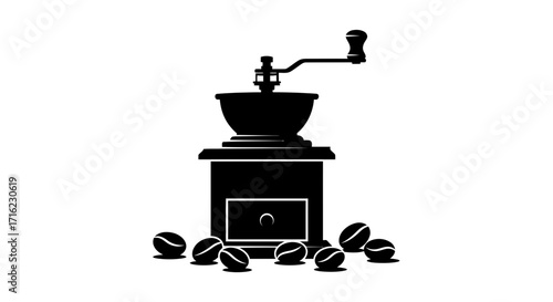 Vintage coffee grinder with scattered beans evokes artisanal coffee making and classic cafe charm