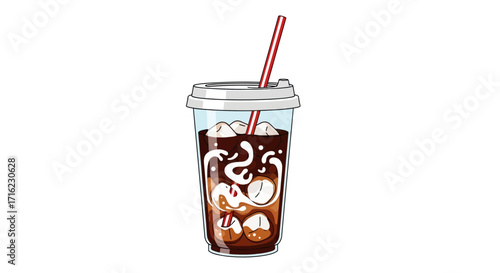 Refreshing iced coffee with straw and ice cubes in a clear to-go cup, perfect for a cool beverage moment.