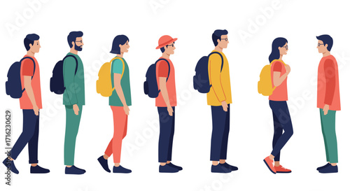 Diverse group of young adults in casual attire with backpacks