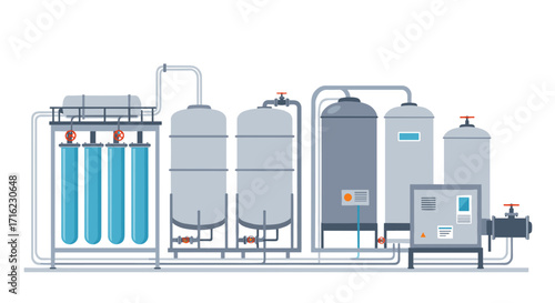 Industrial water filtration system in flat style with detailed equipment design