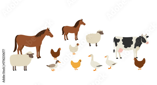 Farm animal collection: horses, sheep, cows, chickens, ducks, and geese in flat design