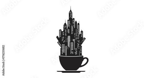 Vibrant cityscape emerges from a coffee cup, symbolizing urban energy and daily inspiration.