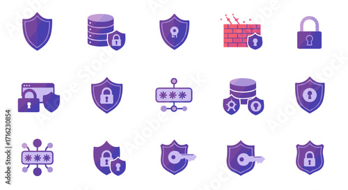 Security icons set in gradient style featuring shields, locks, and firewalls