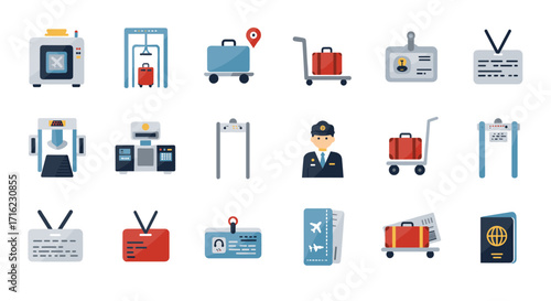 Airport security and travel essentials icons featuring luggage, badges, and equipment in flat design