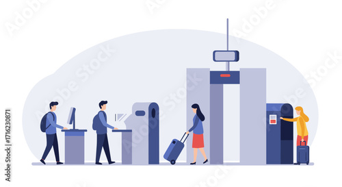 Flat design airport security checkpoint featuring travelers and luggage
