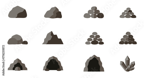 Set of rock and crystal icons featuring flat style geological elements