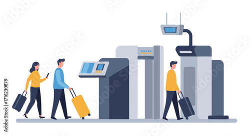 Airport security checkpoint with people and luggage in flat design