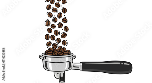 Fresh coffee beans cascade into portafilter, perfect for cafe or kitchen designs