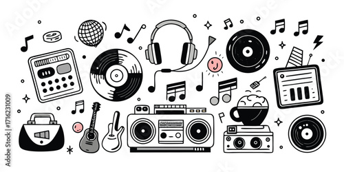 Vintage music and entertainment collection icons with boomboxes records headphones and coffee