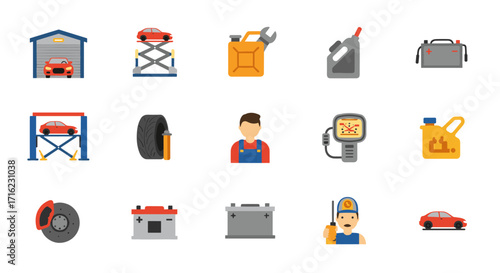 Comprehensive set of flat auto repair icons featuring tools and equipment