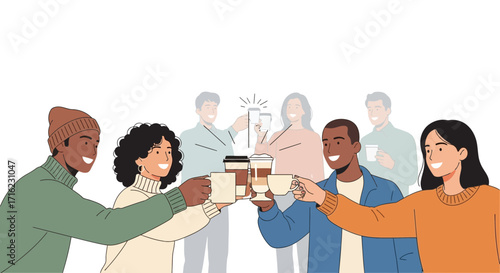 Diverse friends happily toasting coffee drinks celebrating together in a modern, vibrant social gathering