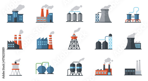 Industrial building set with factories and cooling towers in flat style