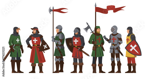 Medieval knights in colorful armor with weapons and shields