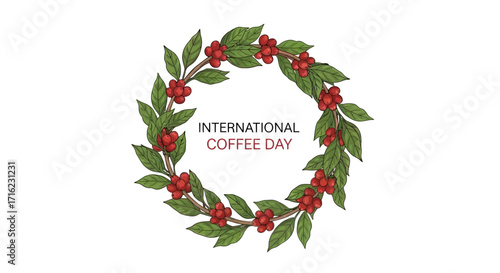 Celebrate International Coffee Day with vibrant coffee cherry wreath for festive promotions and branding