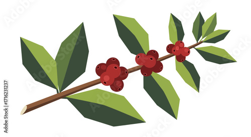 Vibrant red coffee cherries ripen on a branch with green leaves, perfect for natural beverage designs.