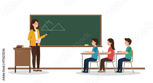 Flat classroom scene with teacher and students learning geometry at chalkboard