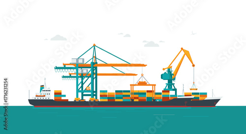 Cargo ship at port with cranes and containers in flat design
