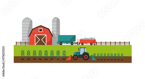Modern flat farm scene with tractor, barn, and silos on a sunny day