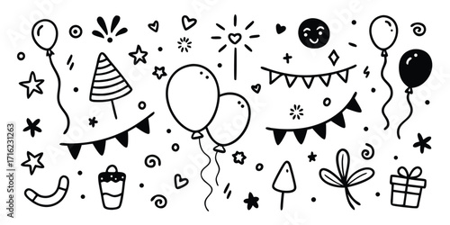 Whimsical hand drawn celebration elements including balloons confetti stars party hats and gifts