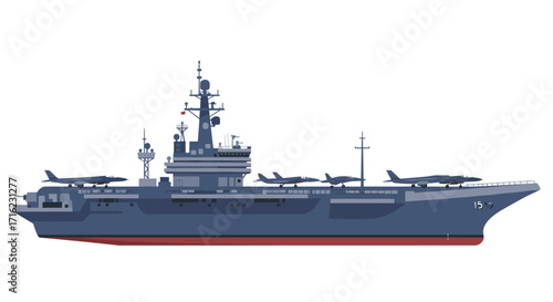 Modern military aircraft carrier with fighter jets on deck in flat design