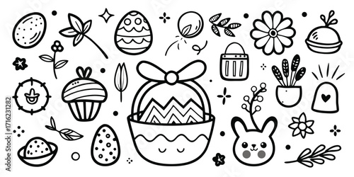 Cute hand drawn easter elements collection including eggs baskets flowers and a bunny face