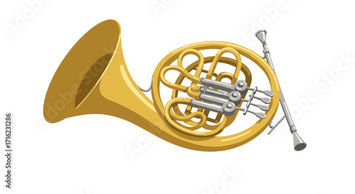 Realistic french horn on white background: detailed musical instrument artwork