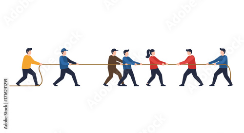 Team competition game with diverse people pulling rope in tug of war