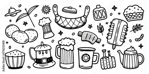 Doodle collection of oktoberfest food drinks hats and music instruments for celebrations