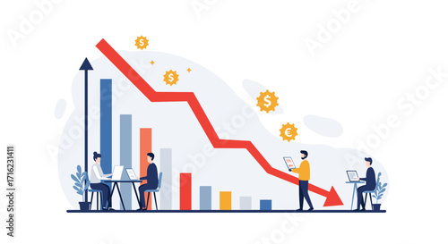 Economic downturn concept with declining graph and business professionals analyzing data