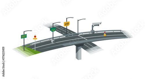 Modern urban overpass with traffic signs and lights in isometric style