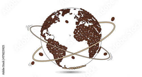 Global coffee culture buzzes with aromatic beans orbiting a planet of rich flavor
