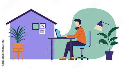 Remote work at home with technology: modern flat design of a home office setup