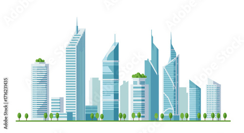 Modern city skyline with futuristic high-rise buildings and trees