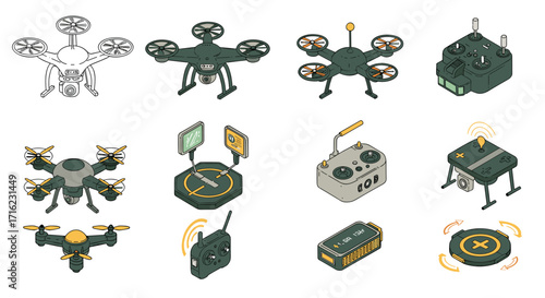 Isometric drone and remote control set with accessories