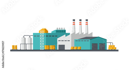 Industrial factory building with chimneys and storage containers in flat design
