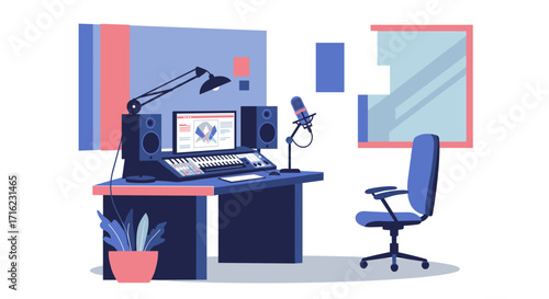 Modern recording studio workspace with audio equipment and microphone