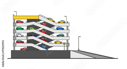Multi-level parking garage with cars on ramps in colorful design