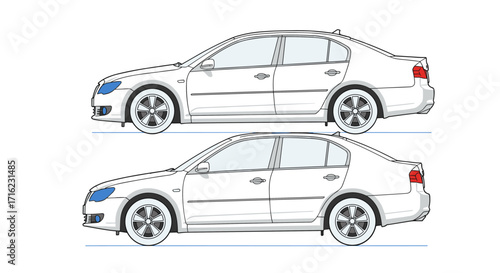 Side profile of modern sedans with distinct line art design in minimalist style