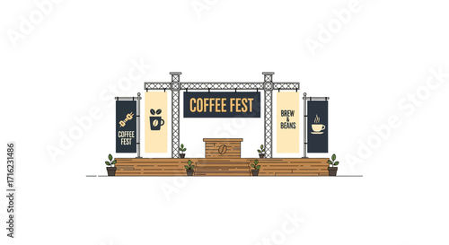 Exciting Coffee Fest stage setup with banners and podium ready for presentations, workshops, and events